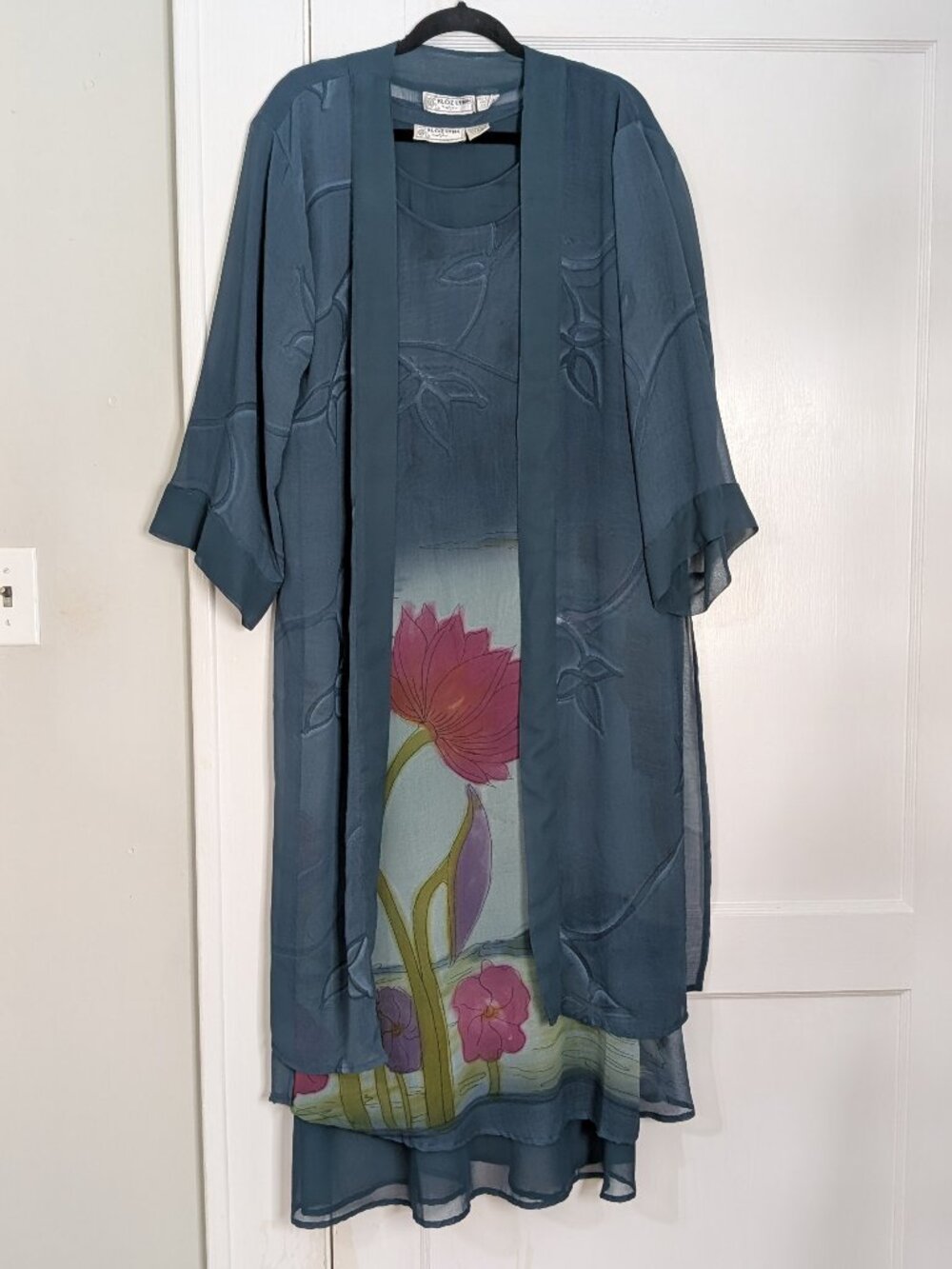 Klozlyne Blue Floral Dress & Kimono Set Women's Medium Flowy Bohemian Artsy